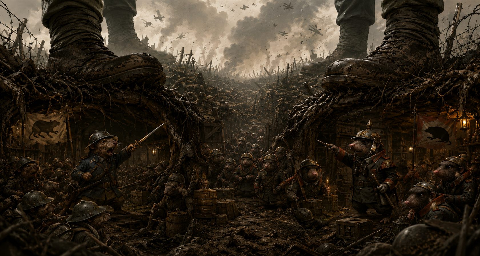 Rat soldiers in First World War uniforms holding a trench in the mud beneath the boots of human soldiers