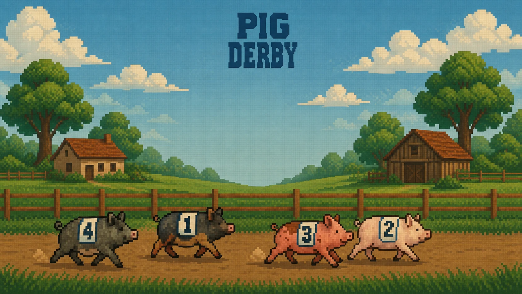 Pixel-art pigs in numbered racing vests running down a dirt track past a barn